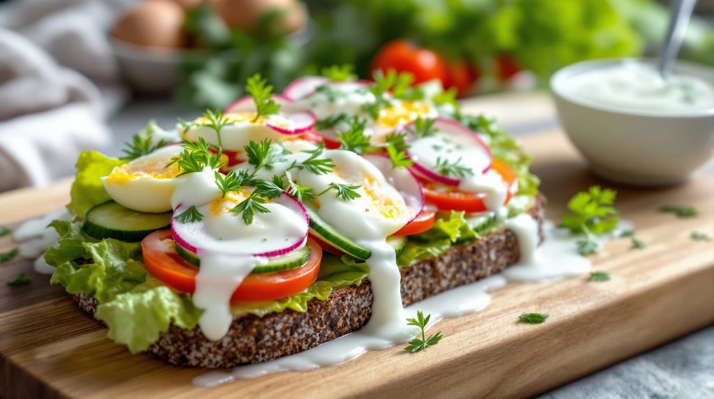 Sandwich med æg og yoghurt dressing