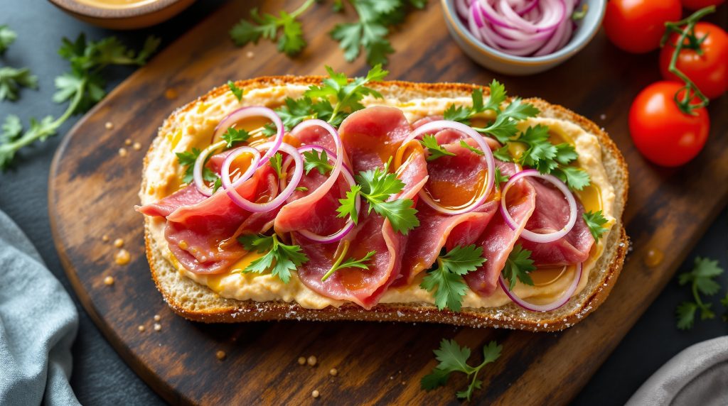 Sandwich med roastbeef og hummus