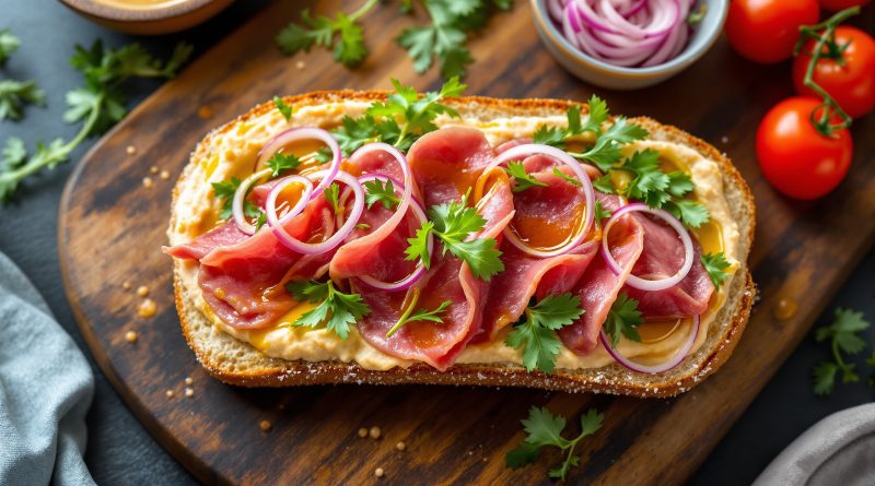 Sandwich med roastbeef og hummus