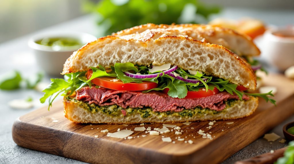 Sandwich med roastbeef og pesto