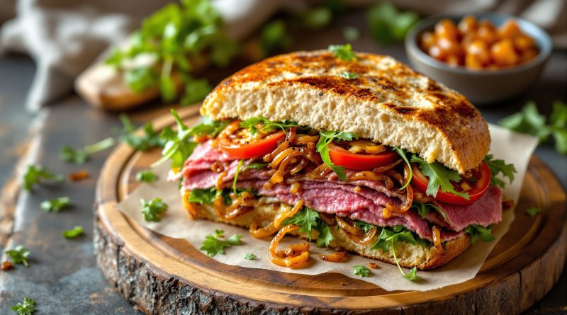 Sandwich med roastbeef og rødløg