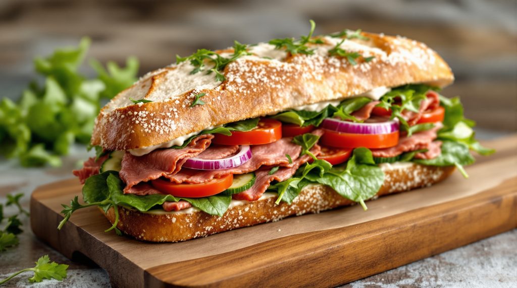 Sandwich med roastbeef og spinat