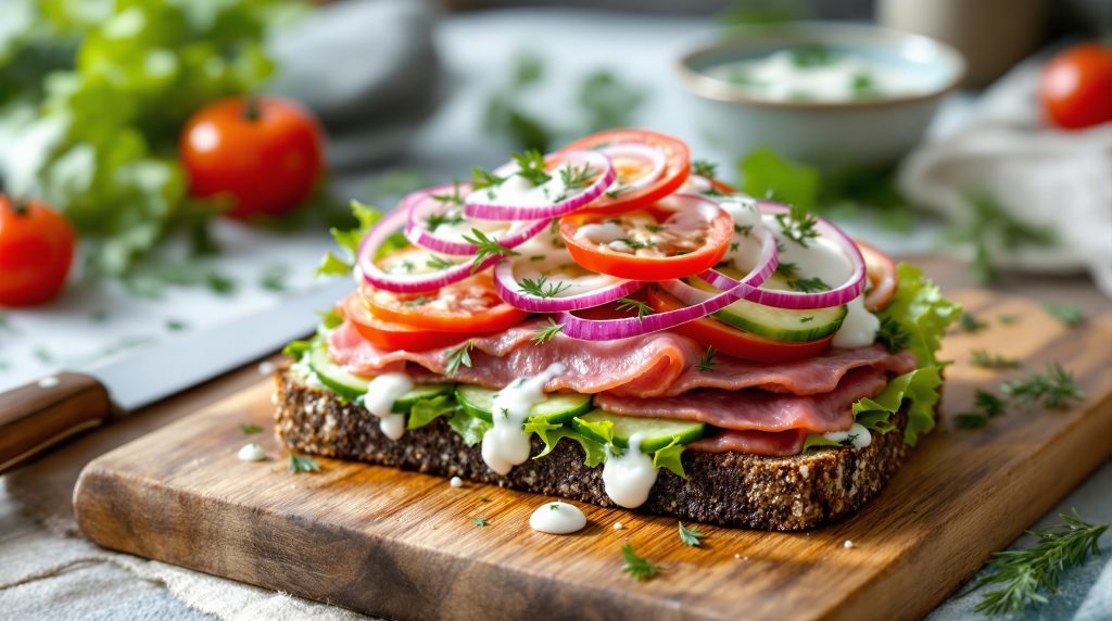 Sandwich med roastbeef og yoghurt dressing
