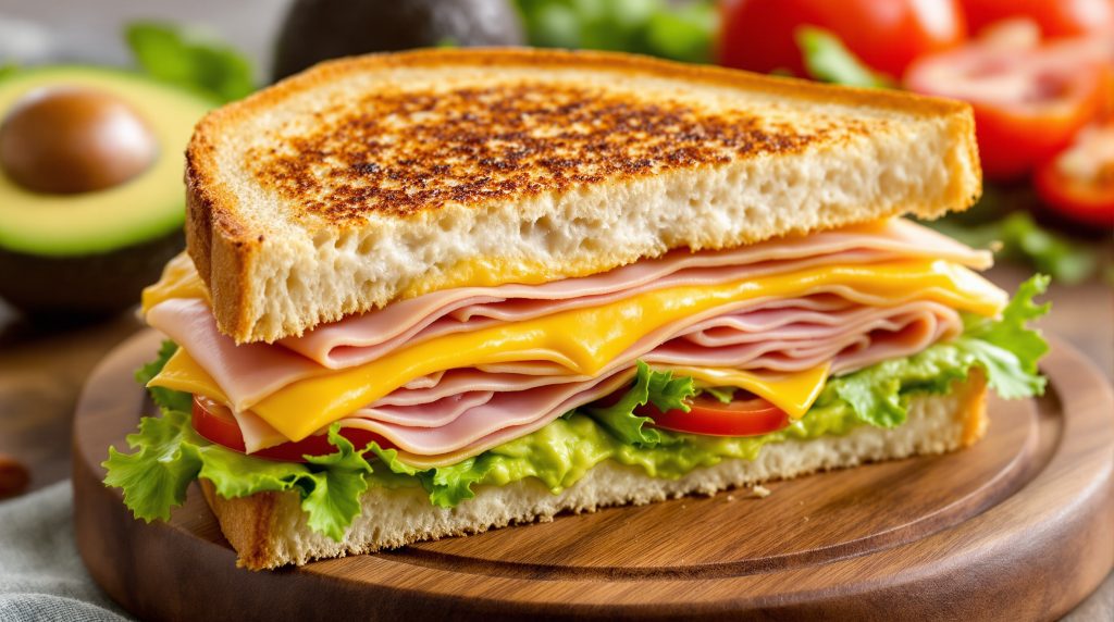 Sandwich med skinke og ost og avocado