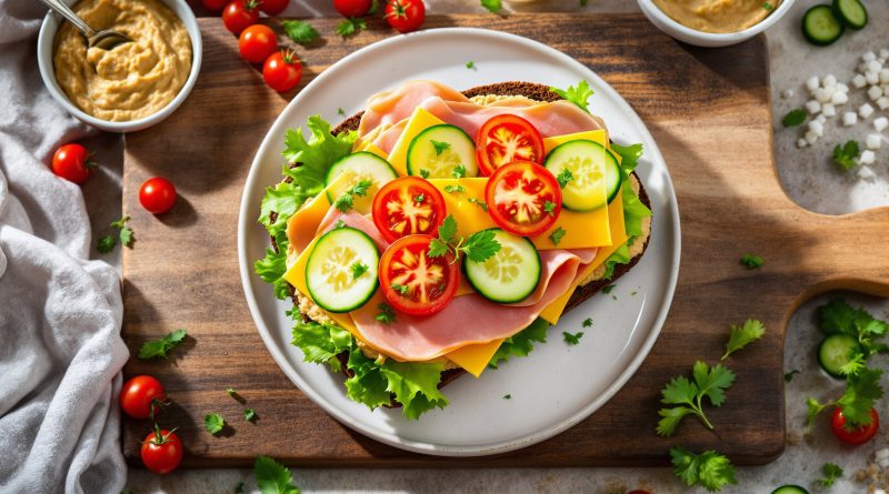 Sandwich med skinke og ost og hummus