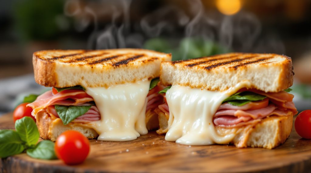 Sandwich med skinke og ost og mozzarella