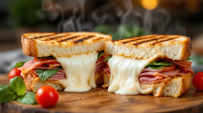 Sandwich med skinke og ost og mozzarella