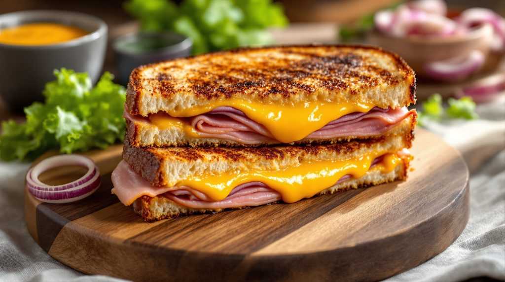 Sandwich med skinke og ost og rødløg