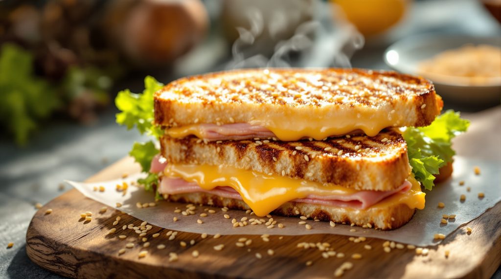 Sandwich med skinke og ost og sesam