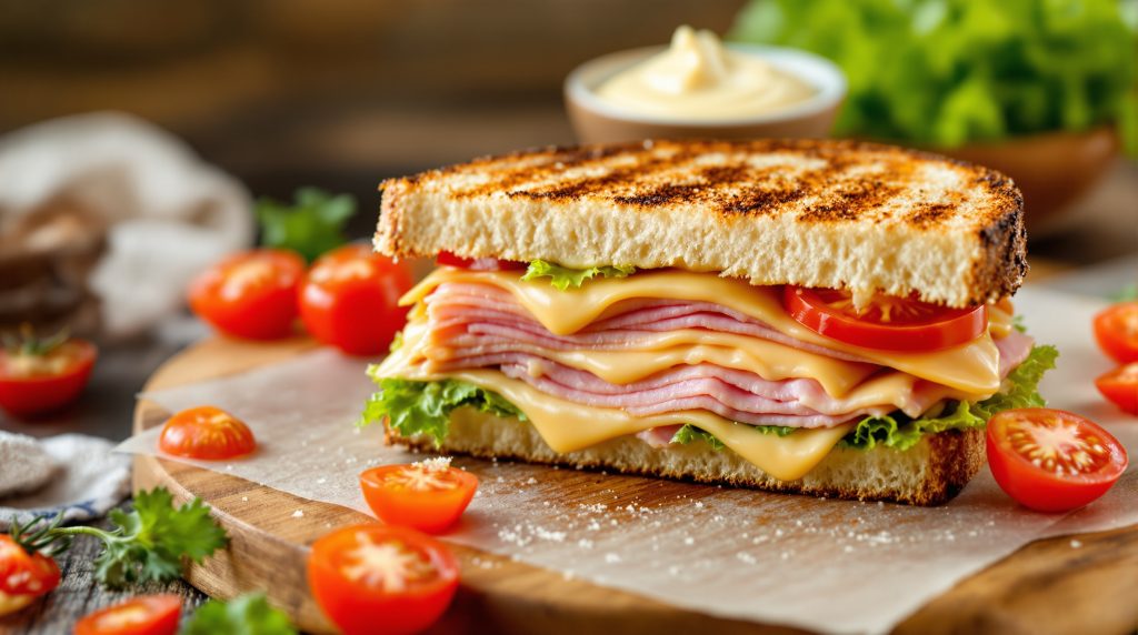 Sandwich med skinke og ost og tomat