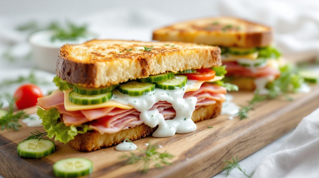 Sandwich med skinke og ost og yoghurt dressing