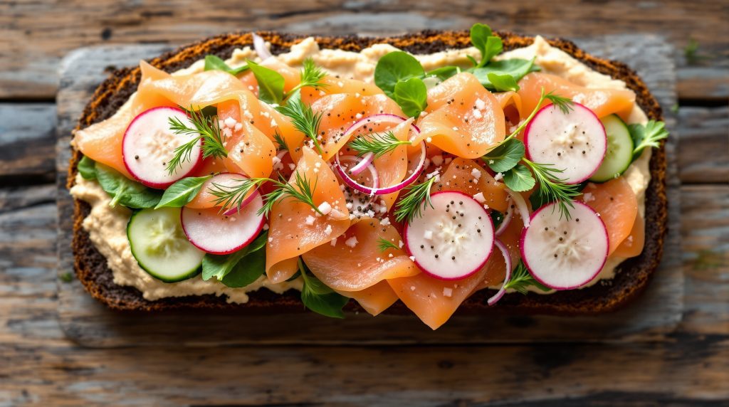 Sandwich med laks og hummus