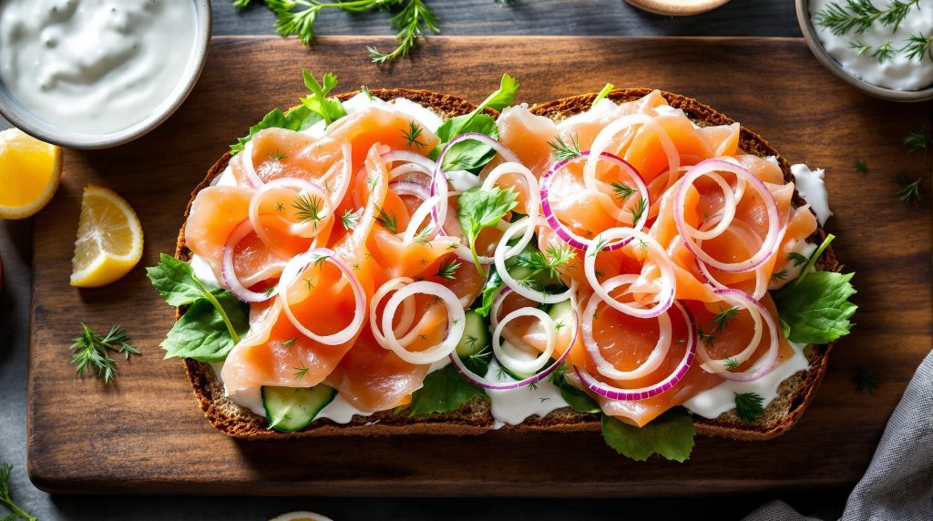 Sandwich med laks og yoghurt dressing
