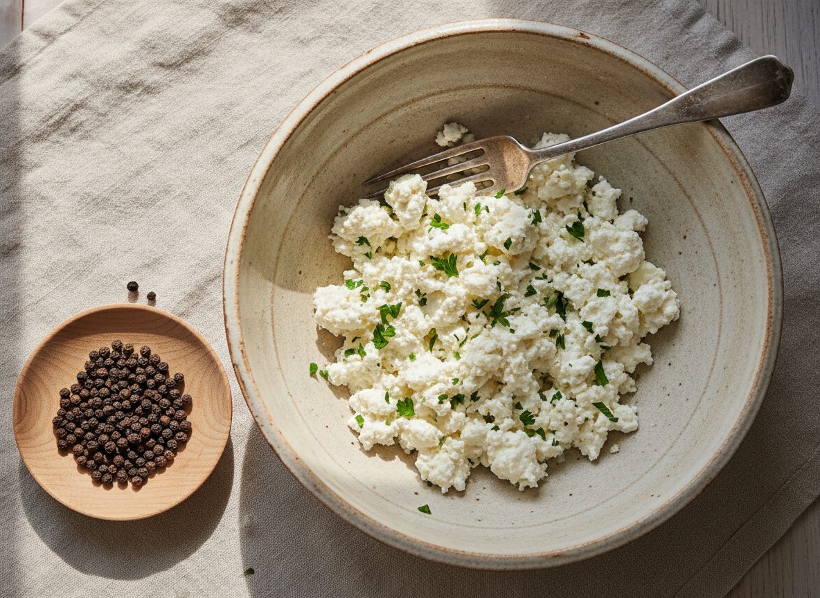Ostefyld af smuldret feta, ricotta og hakket persille rørt sammen i en skål