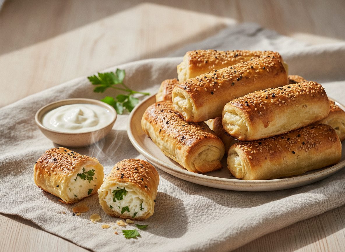 Færdigbagte gyldne sigara börek med sesam, én brækket over så ostefyldet ses