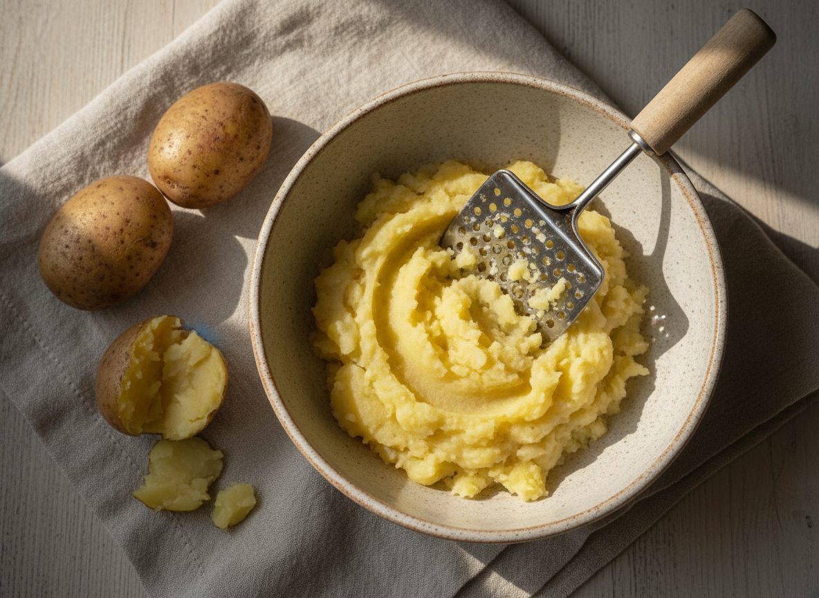 Kogte melede kartofler moset groft i en skål med kartoffelmoser ved siden af