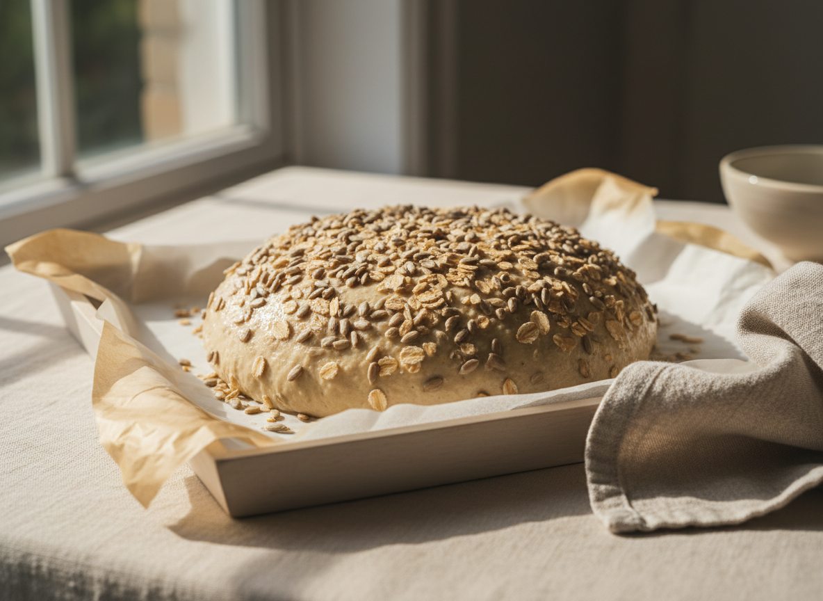 Formet rundt kartoffelbrød drysset med havregryn og solsikkekerner før bagning