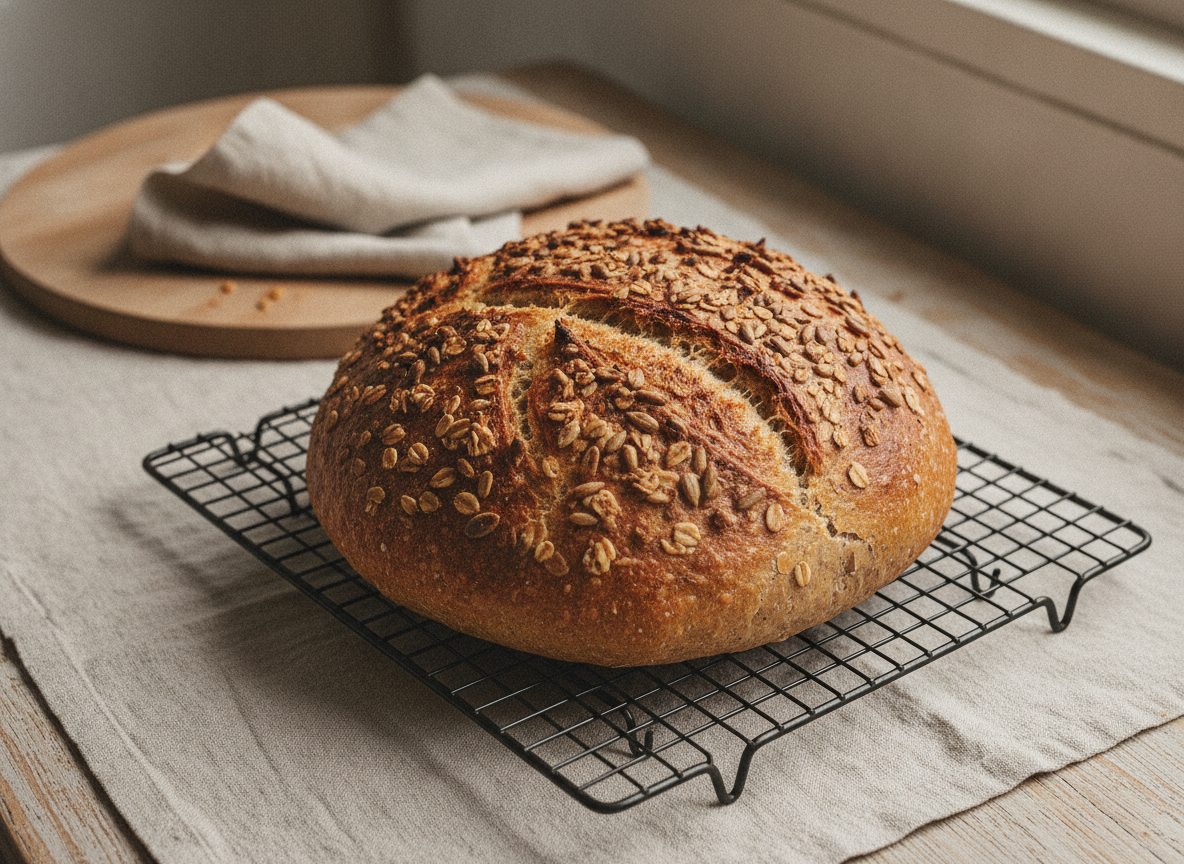 Færdigbagt kartoffelbrød med sprød gylden skorpe og ristede kerner