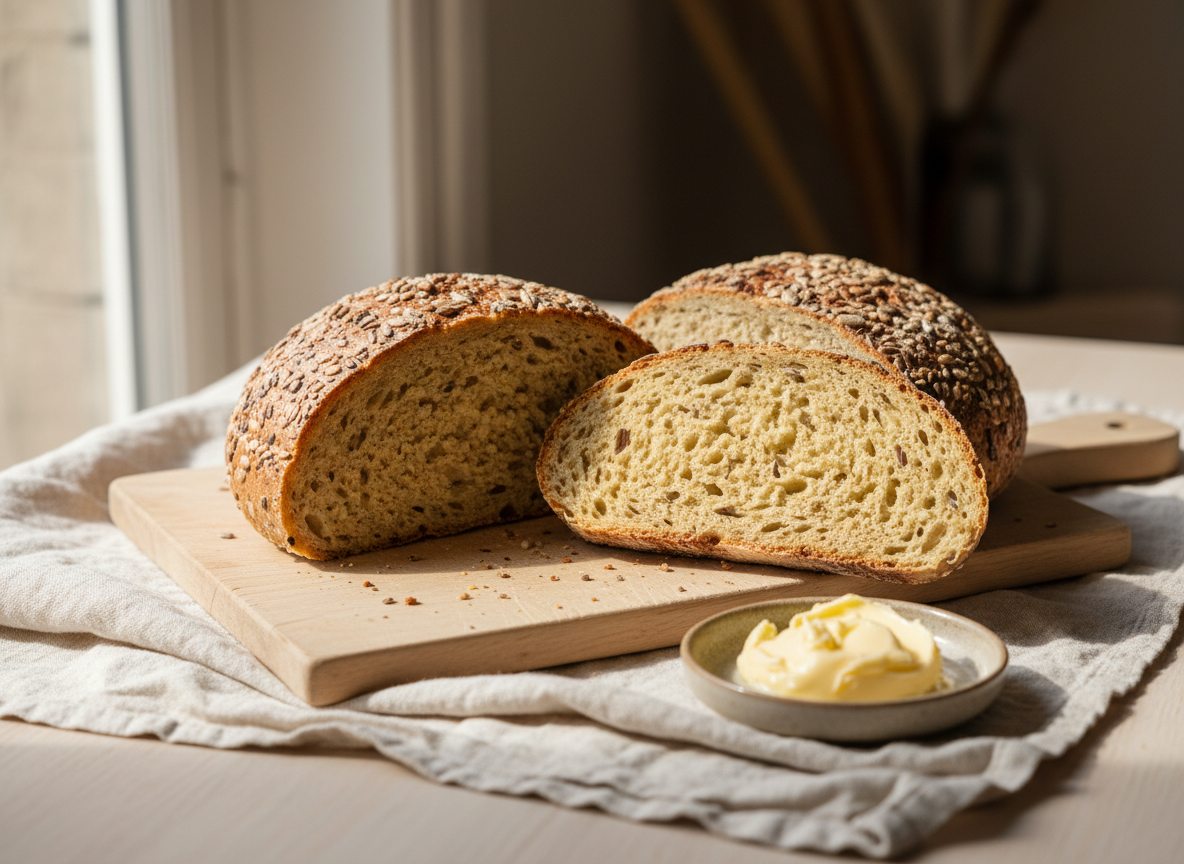 Kartoffelbrød skåret over så den saftige, gullige krumme ses