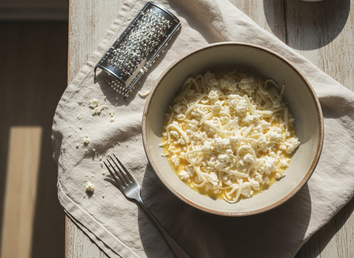 Osteblanding af revet mozzarella og smuldret feta rørt sammen med æg