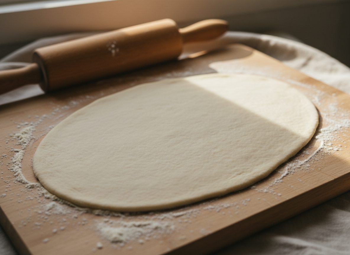 Dejen rullet ud til en oval flade på cirka 25 cm på et melet bord
