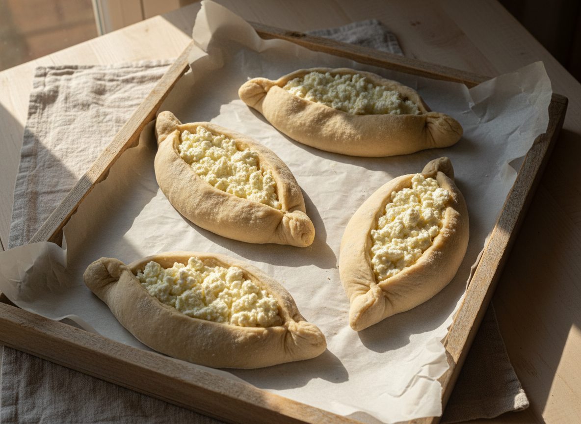 Fire rå bådformede khachapuri med lukkede ender og åben midte fyldt med ost