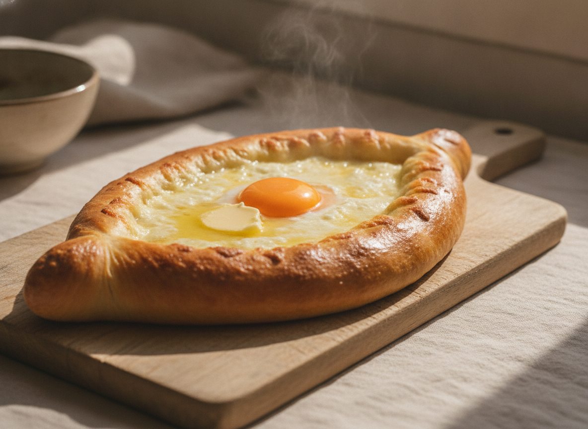 Færdig adjaruli khachapuri med boblende ost, blomme og smeltende smør i midten