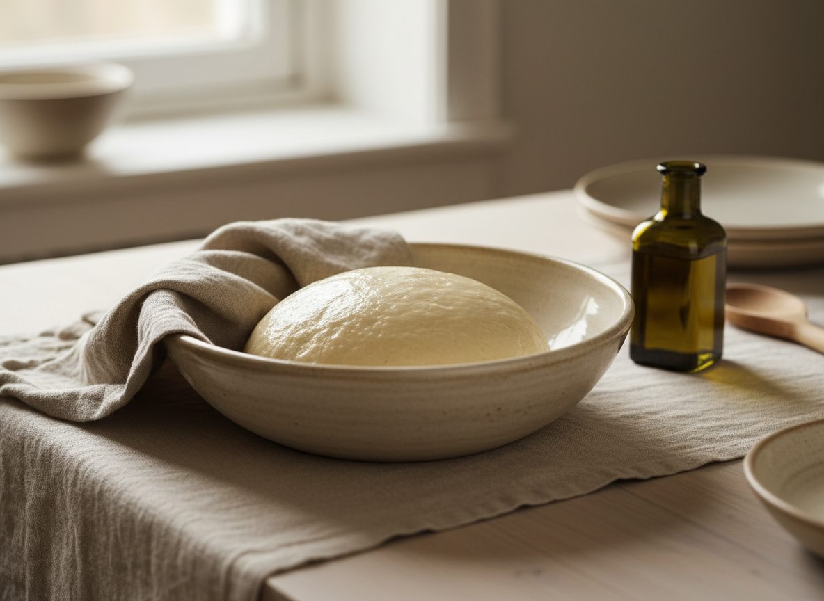 Lavash-dejen hviler som en glat kugle i skålen under et fugtigt viskestykke
