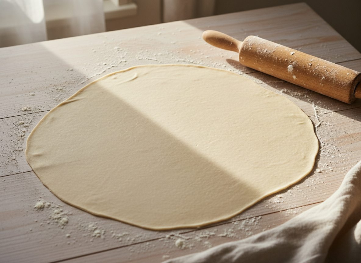 Lavash rullet papirtyndt ud til en stor oval på et melet bord