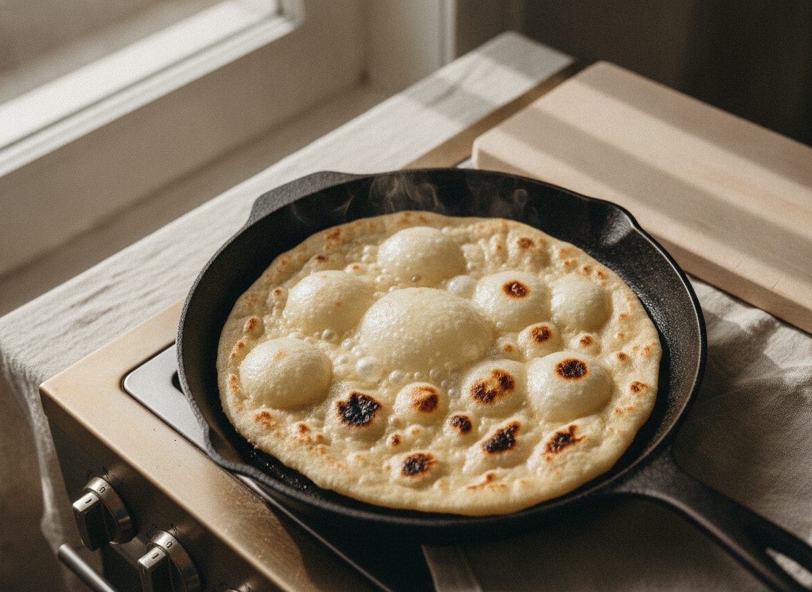 Lavash på tør pande med store bobler og brune blistre