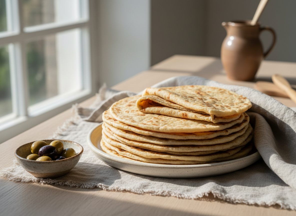 Stak af færdige lavash-fladbrød holdt bløde under et viskestykke